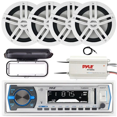 Pyle PLMRB29W Marine Receiver, 4x 6.5" 180 Watt Speakers, Amplifier, Cover, Ant - Image 1 of 4