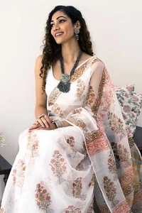 Sari para mujer, elegante sari con estampado digital de seda Kota con blusa sin coser - Imagen 1 de 7