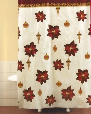Poinsettia Christmas Shower Curtain w Resin Ornament Hook Set Durable Vinyl NIB - Image 1 of 3