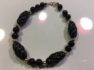 14K Yellow Gold Ball Black Onyx Beads Swirl Tennis Bracelet 7.5" Weight:12g