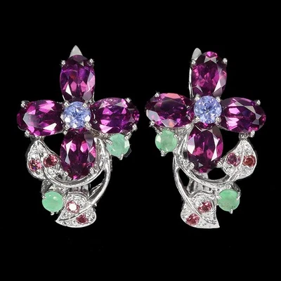 925 Sterling Silver Earrings Oval Rhodolite Emerald Tanzanite Gemstone Jewelry - Image 1 of 4