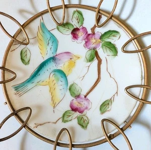 Vintage Candy Trinket Dish Birds & Flowers Hand Painted Brass Frame Cottagecore - Picture 1 of 13