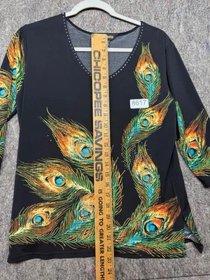 Top Valentina Pavo Real Estampado Pluma Embellecido Estrás Escote Negro M Foto 1 de 4