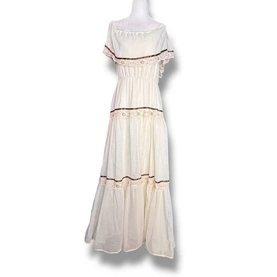 Maxi Vestido Pradera Vintage Años 70 Encaje Cinta Borde Hombro Descubierto Campesino Boho 11 Foto 1 de 4