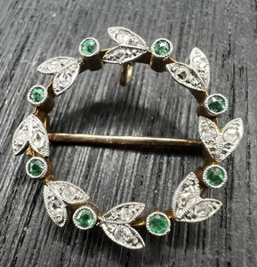 14k Yellow Gold Emerald Diamond Circle Wreath Pin Brooch Pendant  - Picture 1 of 8