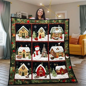 Weihnachtsdorf Quilt Decke, Winter Schneemann Urlaub Überwurf, Xmas Home Decor G - Bild 1 von 3