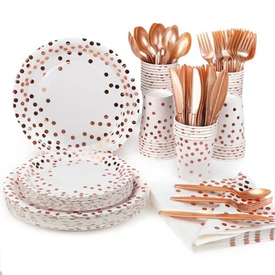 Party Supplies Set - 280 Pieces of White and Rose Gold Dot Paper Plates, Cups... - Image 1 of 4
