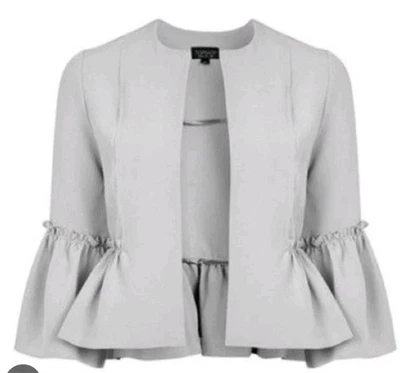Chaqueta Blazer Recortada con Volantes Manga Campana Gris Usada en Excelente Condición Topshop Talla 2 #0454 Foto 1 de 4