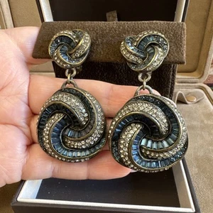 Heidi Days Vintage Swirl Dangle Statement Clip On Earrings Blue White Rhinestone - Picture 1 of 14