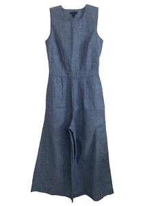 J Crew Women's Size 0 Chambray Romper Jumpsuit Wide Leg Cropped Sleeveless Blue - Picture 1 of 12