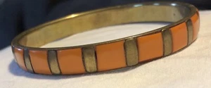 Brass Bangle Bracelet And Orange Enamel Modern Colorful 2 3/4” I Side Diam. C25 - Picture 1 of 4