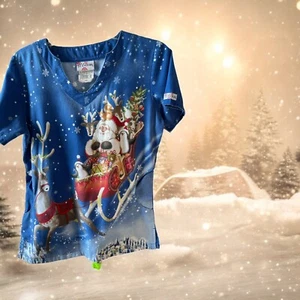 Universal Advantage Christmas Design Medical Scrub Top Extra Small - Picture 1 of 6