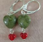 925 Sterling Silver Filled Connemara Marble Heart +Red Glass Lever Earrings Xmas