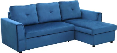 Divano Letto Angolare 3 Posti Velluto Chaise Longue Contenitore Blu Dechome - Immagine 1 di 4