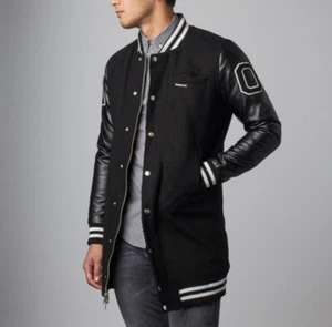 Members Only Mens Long Varsity Jacket Black  Sz Large FauxLeather - Picture 1 of 10
