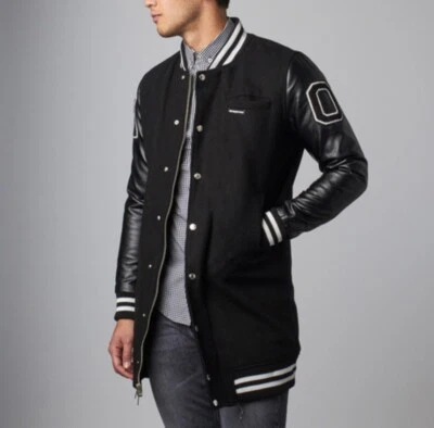 Members Only Mens Long Varsity Jacket Black  Sz Large FauxLeather - Image 1 of 4