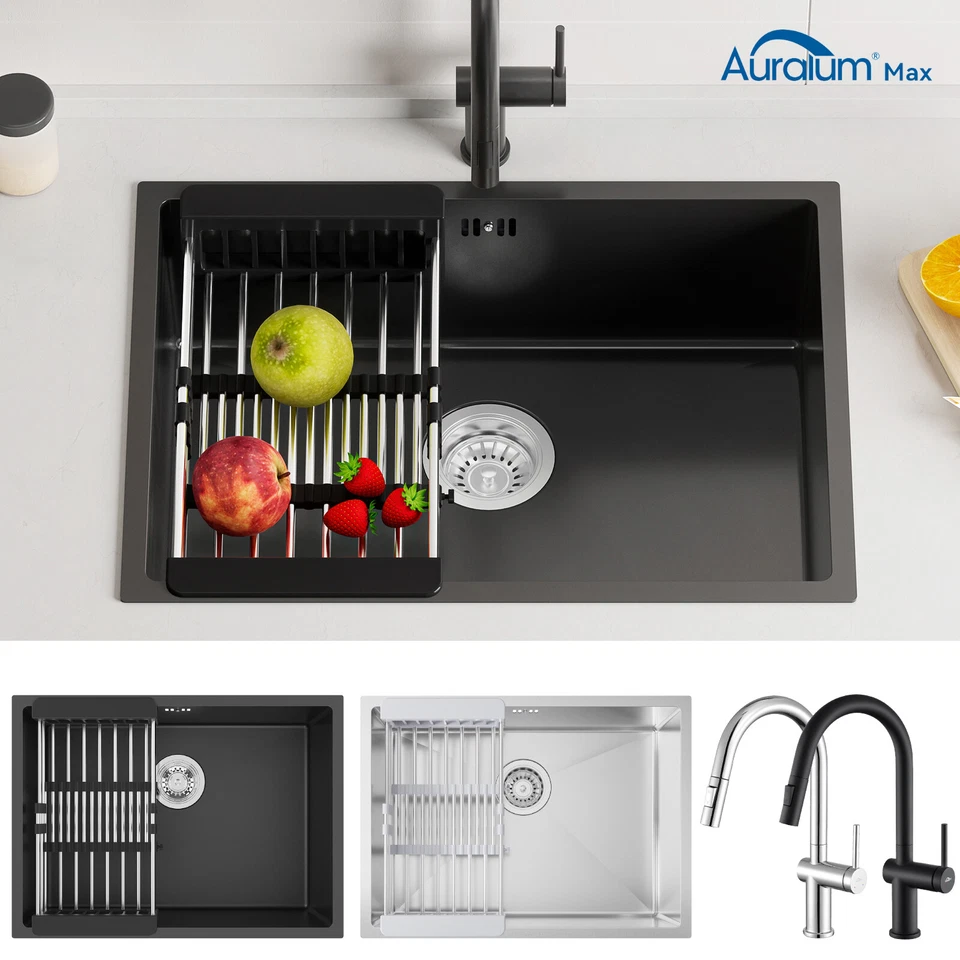 AURALUM MAX Edelstahl Küchenspüle Siphon Einbauspüle Spülbecken mit Abtropffläche 60 x 44 cm