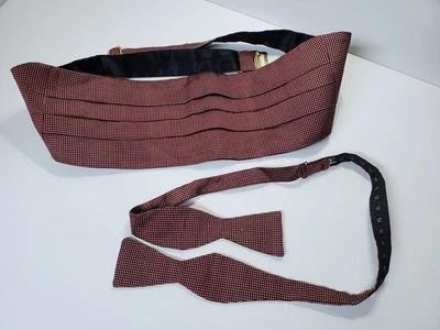 CUMMERBUND & BOWTIE 100% Silk Adjustable Formal Tuxedo Wedding Burgundy & White - Image 1 of 4