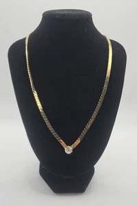 Vintage Gold Tone Herringbone Necklace with Solitaire Pendant – Costume Jewelry - Picture 1 of 2