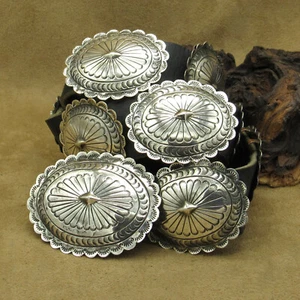 Sterling Silber 80er Jahre Navajo Concho Gürtel auf schwarzem Leder signiert BB - Bild 1 von 8