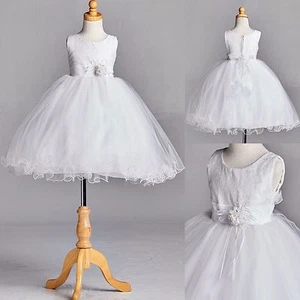 NEW White Lace Tulle Dress w/ Fishing Line Flower Girl Communion Baptism #015 - Picture 1 of 5