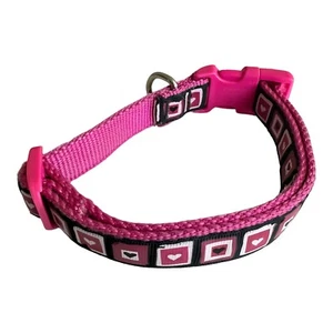 Pink Nylon Dog Collar Adjustable Strap Heart Print Design with Metal Webbing - Picture 1 of 5