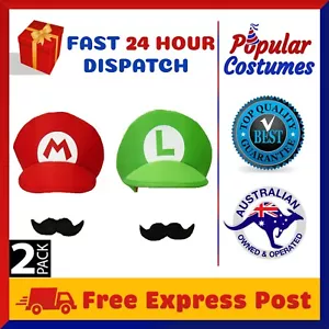 2 Pack Super Mario Luigi Brothers Adult Mens Kids Boys Cap Costume Hat Moustache - Picture 1 of 2