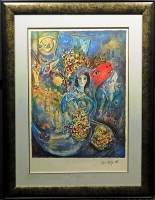 Litografía offset Marc Chagall "Bella" novia con flores ENMARCADA PERSONALIZADA Foto 1 de 4