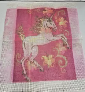 Vintage Unicorn Needlepoint Pink Flowers Canvas Only 9 x 11 1/2 New Old Stock! - Picture 1 of 2