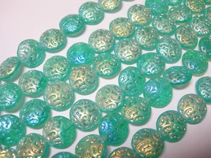 16 Lovely Czech Glass Puffy Coin Beads 14mm Emerald Green AB - Picture 1 of 1
