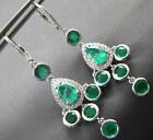 LARGE 6.03CT DIAMOND & AAA EMERALD 18KT WHITE GOLD 3D LEVERBACK HANGING EARRINGS