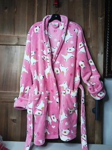 Woman's Large Pink Robe With Puppy Dog Hearts Print Long Sleeves Valentine's - Picture 1 of 8