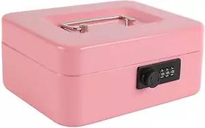 Steel Cash Box Safe Chest Key Lock Money Document Cash Jewelry Pink - Picture 1 of 12