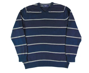 Maine New England Classic Mens Size Medium Striped Blue V-Neck Jumper - Picture 1 of 10