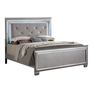 Furniture of America Rachel Faux Leather King LED Panel Bed in Silver - Picture 1 of 4