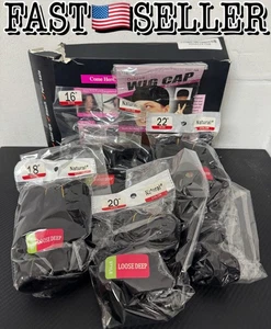 Brazilian Loose Deep Wave Echthaar 4 Bündel 16 18 20 22 mit Verschluss schwarz - Bild 1 von 9