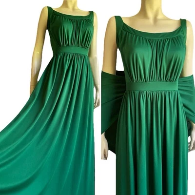 Vintage 70s GREEN Grecian Goddess Dress Maxi Roman Shawl Disco Gown 1970s - Image 1 of 4