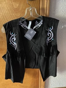 NET BLACK WESTERN VEST WHITE EMBROIDERY TURQUOISE BEADED WOMENS 2XL AMSCAN - Picture 1 of 4