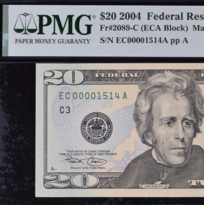 2004 $20 Federal Reserve Note PMG 64EPQ wanted popular low serial number 0001514 - Image 1 of 3