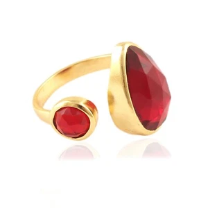 Red Garnet Quartz Double Stone Ring Gold Plating Collet Setting Adjustable Ring - Picture 1 of 3