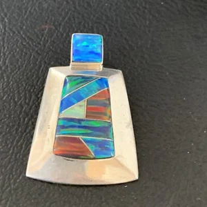 Mens Womens Blue & Red Opal Navajo Sterling Silver Inlay Pendant 1.45" 13340 - Picture 1 of 12