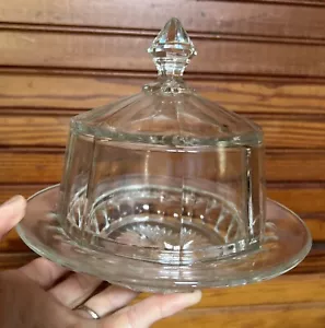 Small 7” Cake Plate Pedistal Stand Dome Cover Clear Glass, Starburst Pattern - Picture 1 of 5