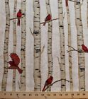 Impression tissu coton boisé cardinaux d'hiver oiseaux rouges sur bouleau