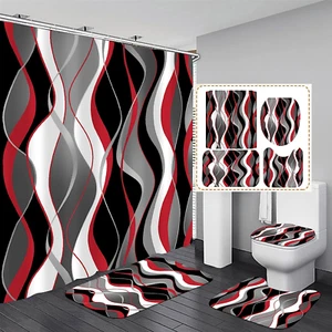 Nkzply 4 Pcs Red and Black Striped Shower Curtain Set with Rugs and Toilet Lid C - Picture 1 of 12