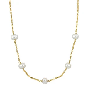 Amour Yellow Plated Silver 9-10mm Freshwater Pearl Station Necklace - 18+2 in. - Picture 1 of 6