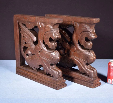 *French Antique Solid Oak Wood Statues/Pedestals with Griffins Salvage Cover