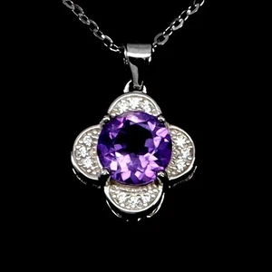 925 Sterling Silver Necklace Round Amethyst 7mm Natural Gemstone Jewelry 18 Inch - Picture 1 of 13