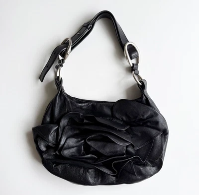 Yves Saint Laurent FW2003 Nadja Leather Shoulder Bag Black Ruffle Design Used - Image 1 of 4