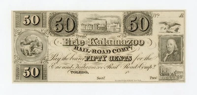 1800's 50c The Erie and Kalamazoo Rail Road Co. - Toledo, OHIO Note UNC - Image 1 of 2
