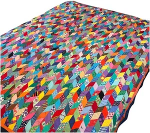 Antike handgenähte mennonitische Tumbling Blocks Quilt 81x67 Vintage bunt - Bild 1 von 9